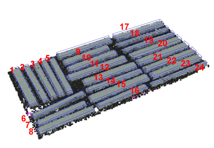 Point cloud of scanned marble blocks, each identified by number